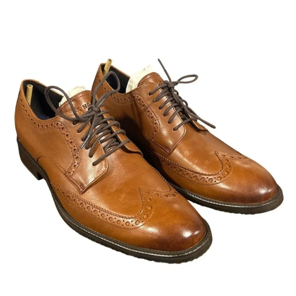 New In Box Cole Haan Men Size 9 British Tan Leather Wing Oxford Grand 360 Shoes